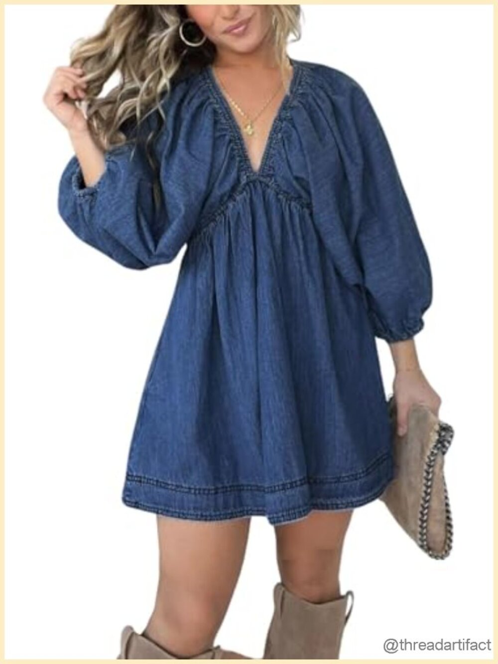 Women's V Neck Denim Dress Puff Sleeve Swing Ruffle Flowy A Line Mini Jean